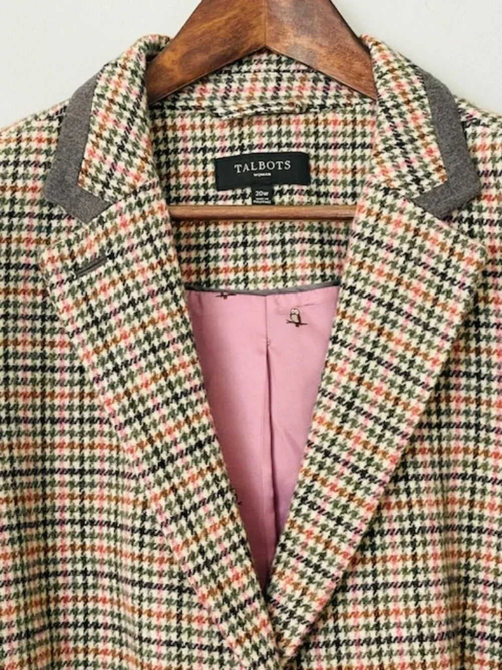 Talbots Houndstooth Wool Blend Blazer Pink Owl Lining Classic Plus 20W